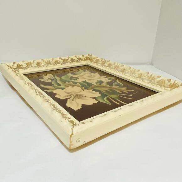 Mid Century Turner Floral Print Original Frame Maroon & Creamy White Signed - Picture 6 of 7